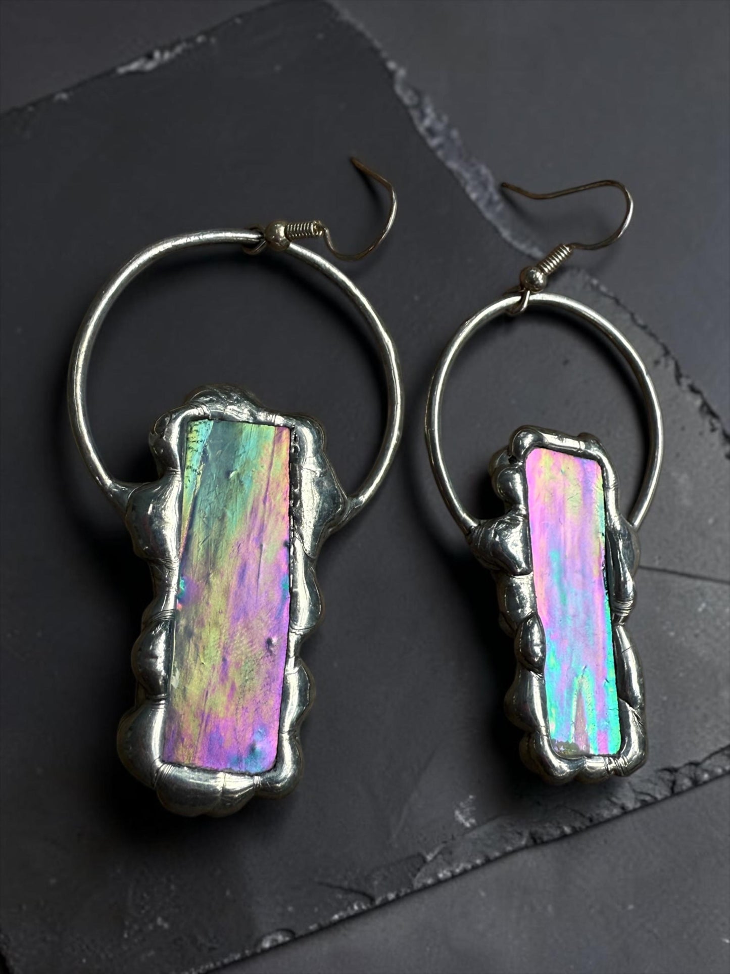 Stained Glass Earrings | Whimsical Handmade Iridescent Celestial Jewelry for Pastel Goth, Punk, Rave, Cosplay, Fantasy Fairy Freaks