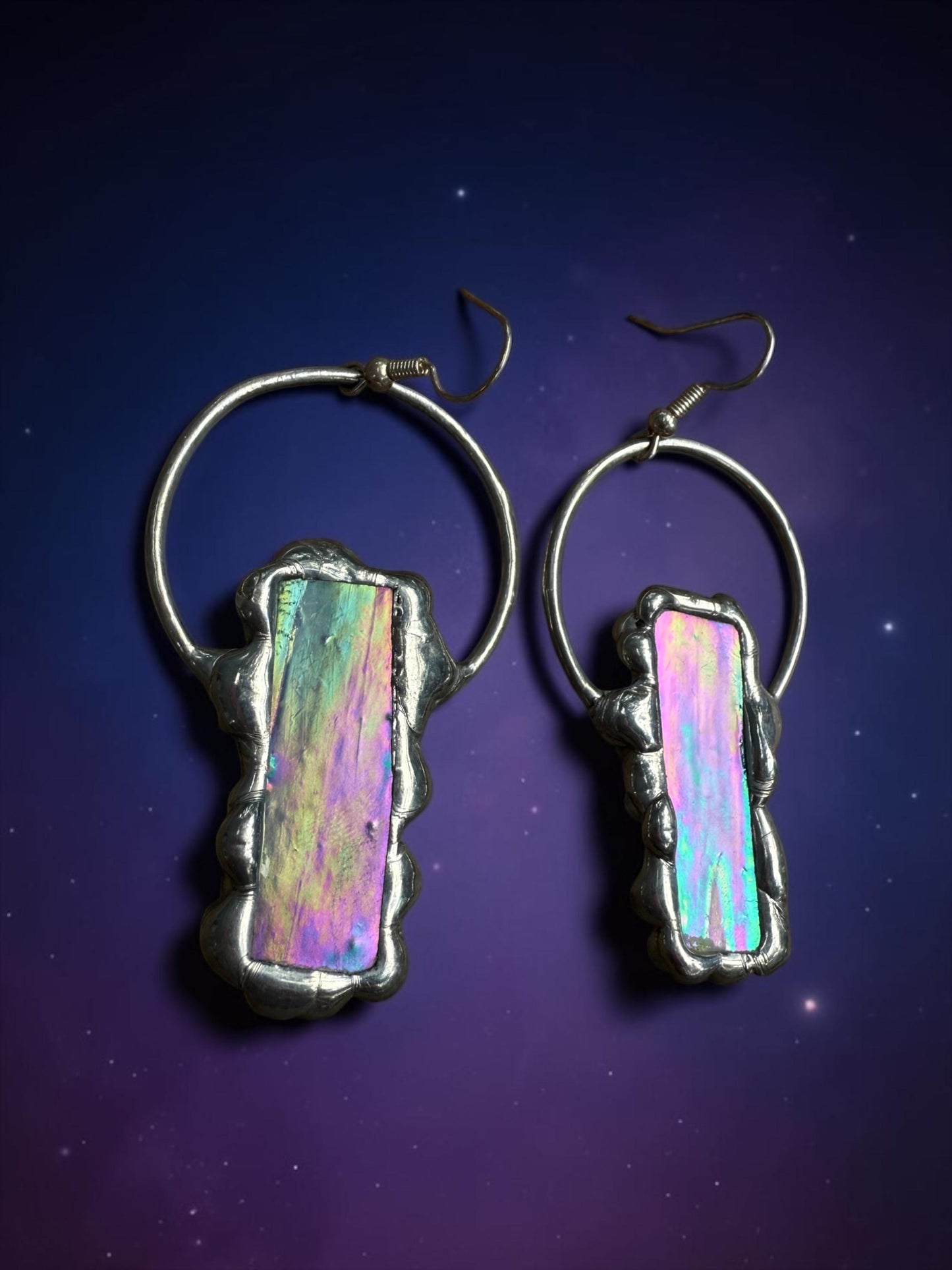 Stained Glass Earrings | Whimsical Handmade Iridescent Celestial Jewelry for Pastel Goth, Punk, Rave, Cosplay, Fantasy Fairy Freaks