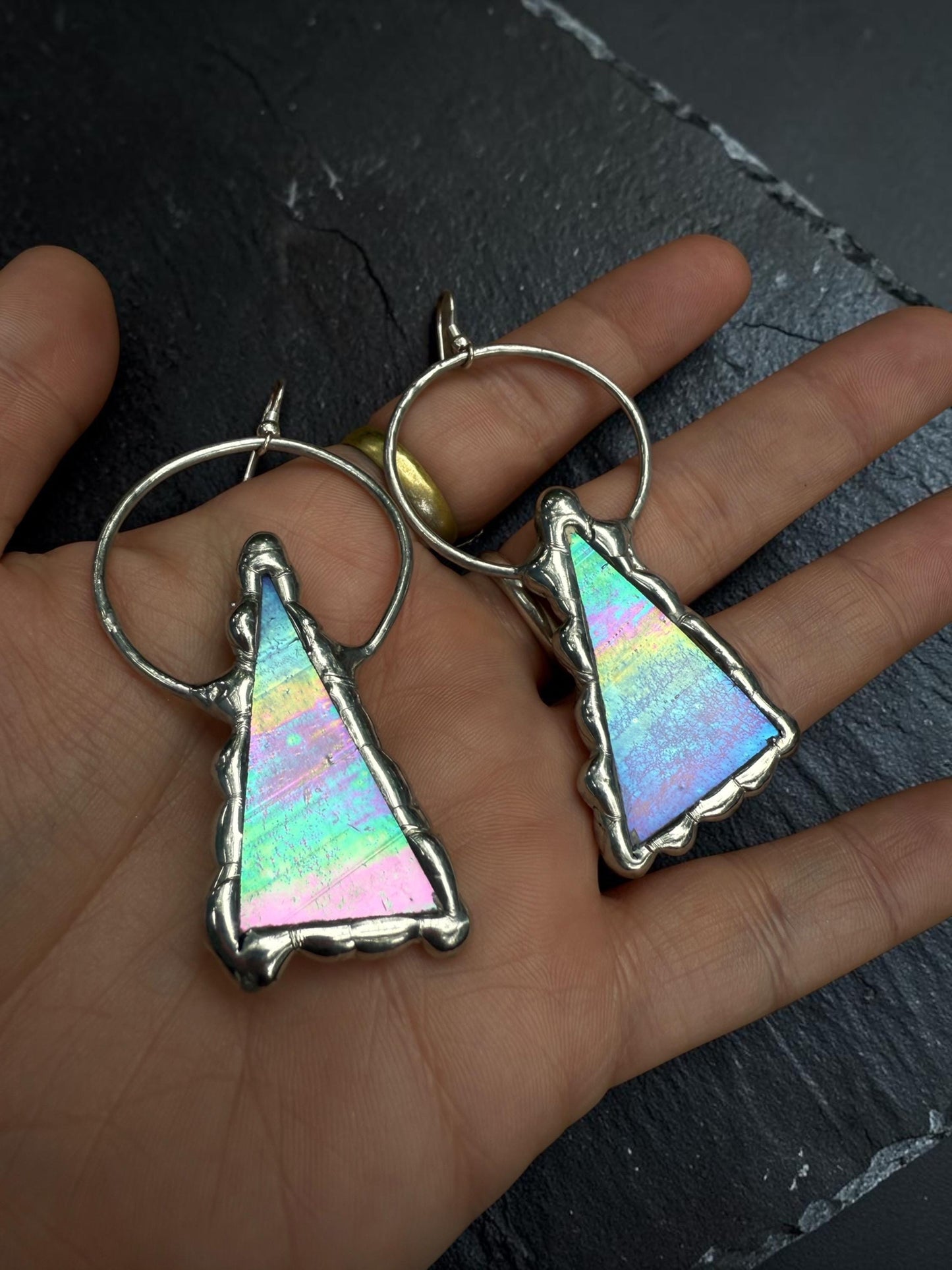 Triangle Stained Glass Earrings | Whimsical Handmade Iridescent Celestial Jewelry for Pastel Goth, Punk, Rave, Cosplay, Fantasy Fairy Freaks