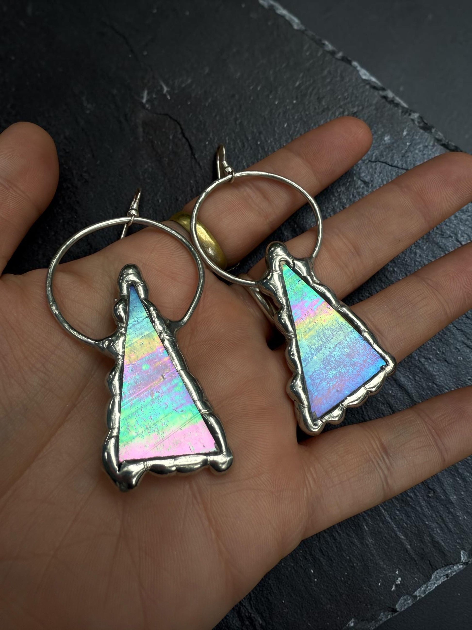 Triangle Stained Glass Earrings | Whimsical Handmade Iridescent Celestial Jewelry for Pastel Goth, Punk, Rave, Cosplay, Fantasy Fairy Freaks