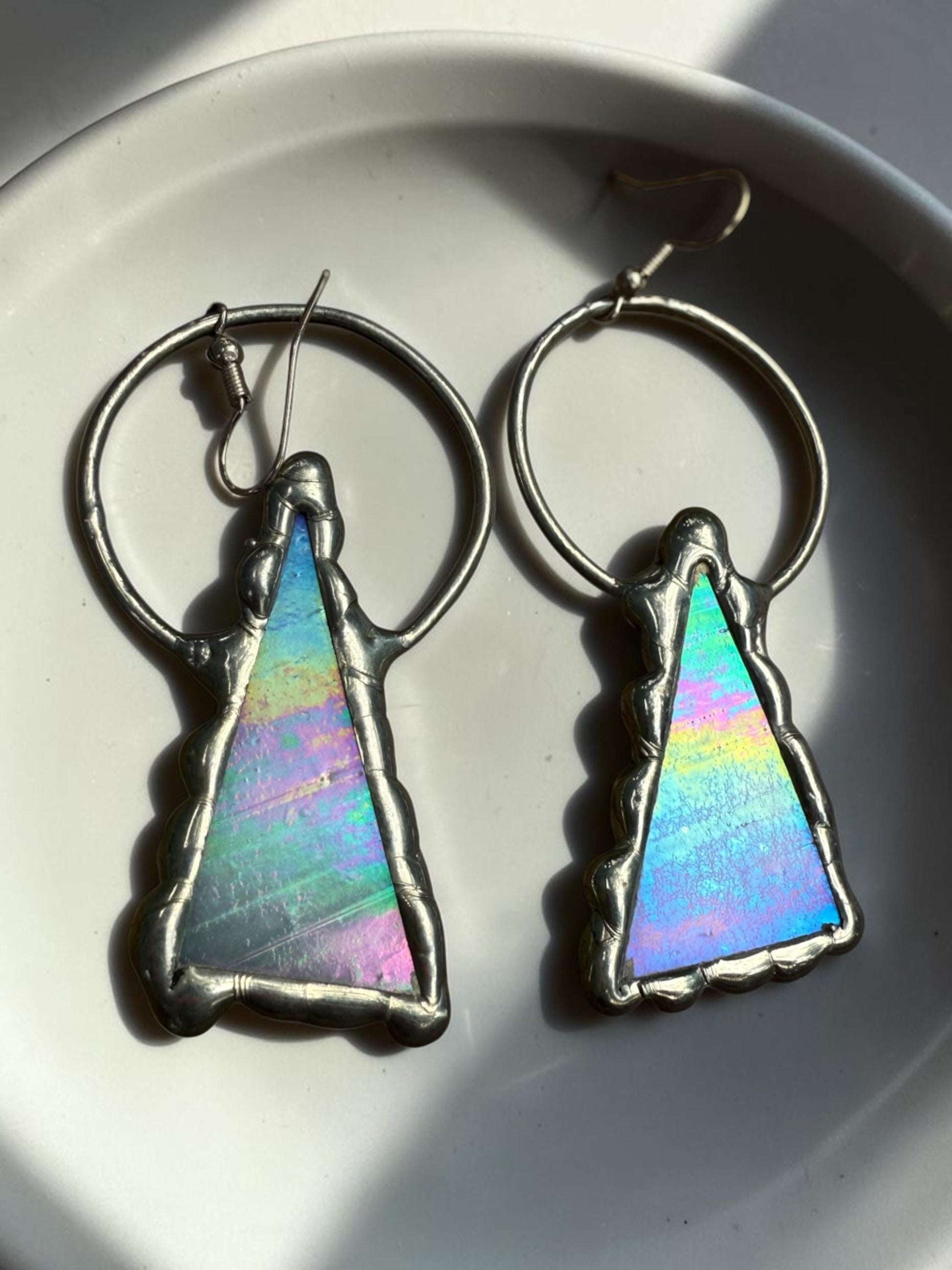 Triangle Stained Glass Earrings | Whimsical Handmade Iridescent Celestial Jewelry for Pastel Goth, Punk, Rave, Cosplay, Fantasy Fairy Freaks