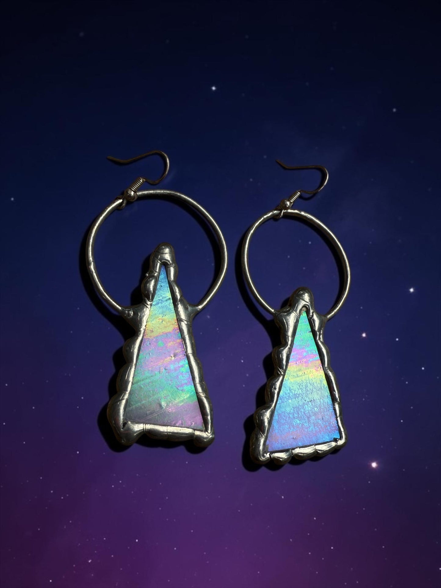 Triangle Stained Glass Earrings | Whimsical Handmade Iridescent Celestial Jewelry for Pastel Goth, Punk, Rave, Cosplay, Fantasy Fairy Freaks