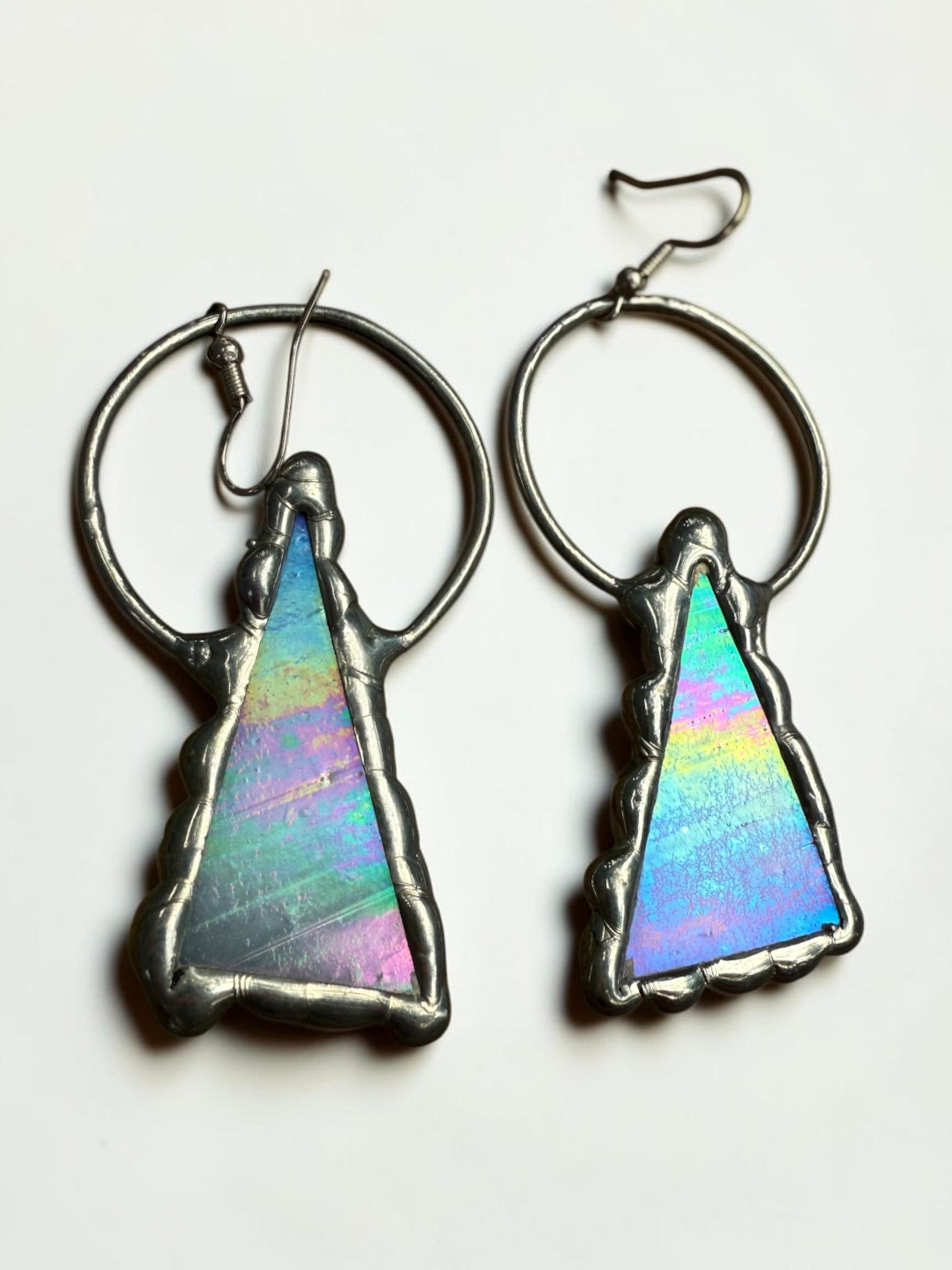 Triangle Stained Glass Earrings | Whimsical Handmade Iridescent Celestial Jewelry for Pastel Goth, Punk, Rave, Cosplay, Fantasy Fairy Freaks