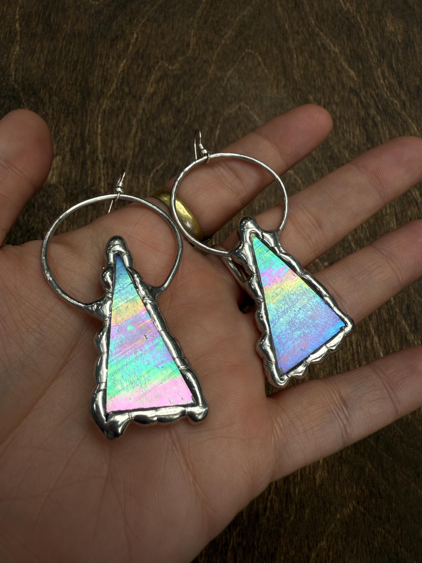 Triangle Stained Glass Earrings | Whimsical Handmade Iridescent Celestial Jewelry for Pastel Goth, Punk, Rave, Cosplay, Fantasy Fairy Freaks