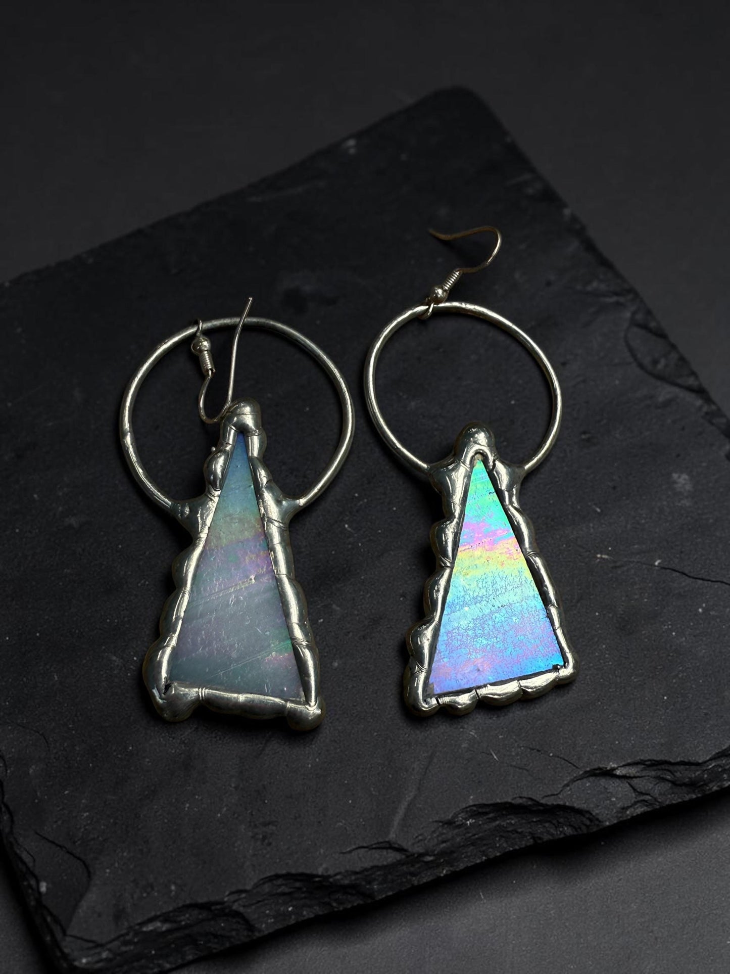 Triangle Stained Glass Earrings | Whimsical Handmade Iridescent Celestial Jewelry for Pastel Goth, Punk, Rave, Cosplay, Fantasy Fairy Freaks