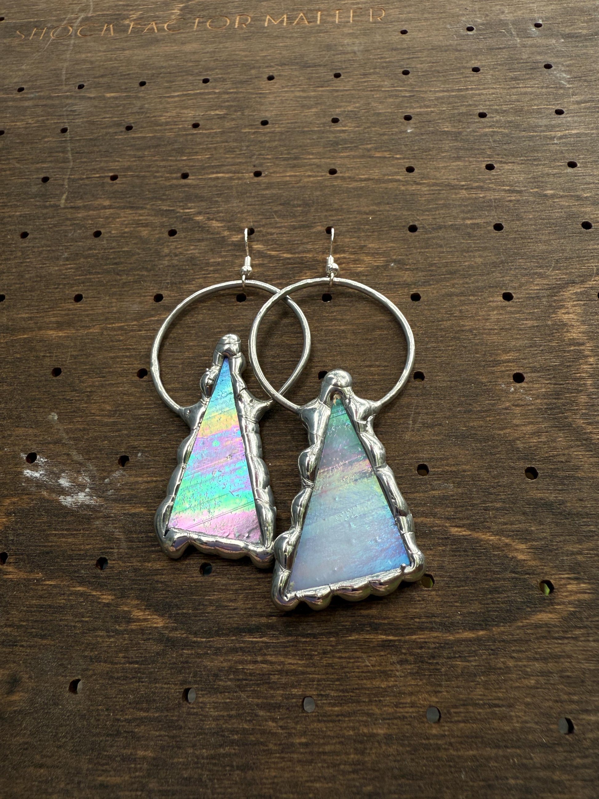 Triangle Stained Glass Earrings | Whimsical Handmade Iridescent Celestial Jewelry for Pastel Goth, Punk, Rave, Cosplay, Fantasy Fairy Freaks