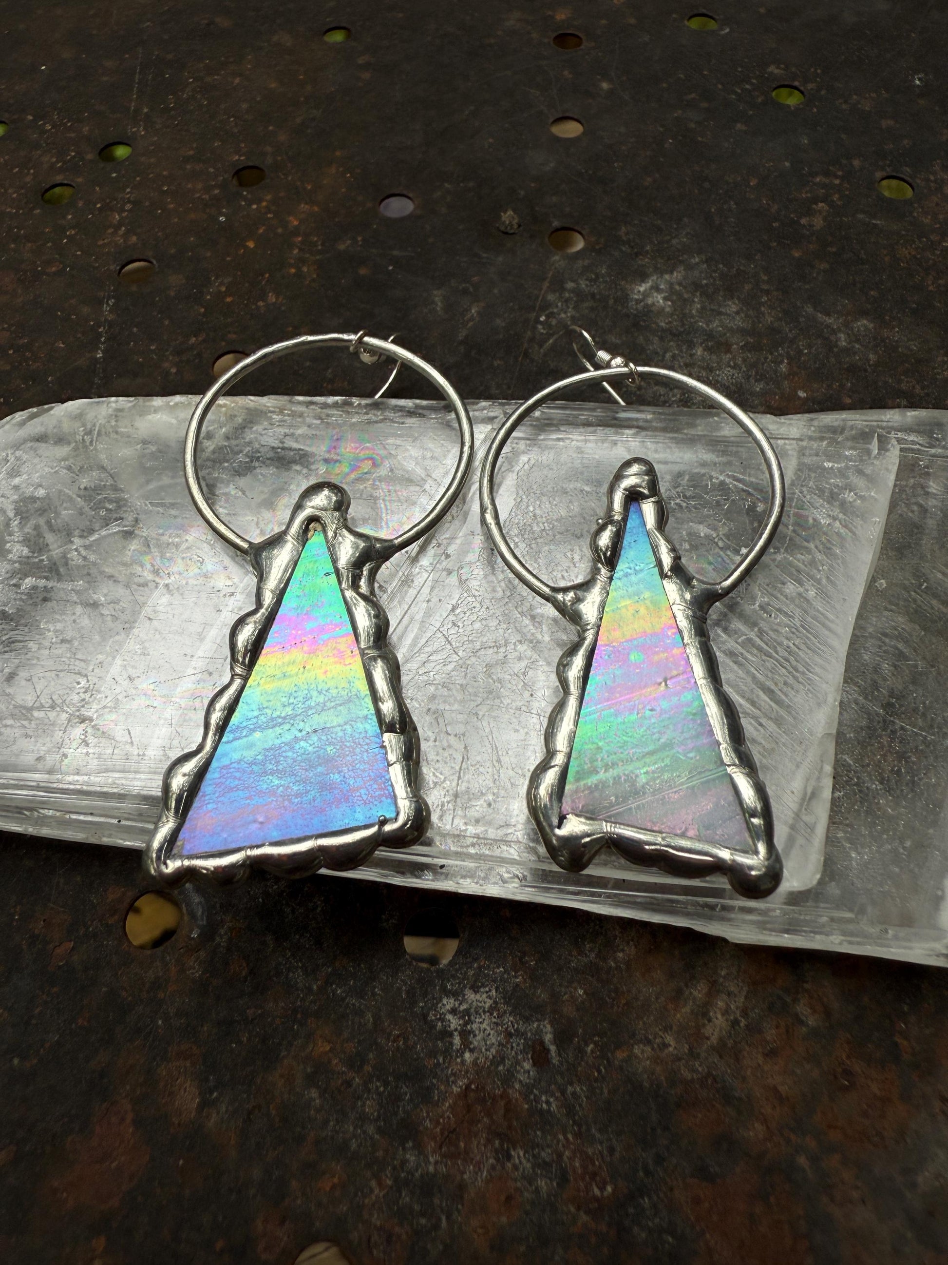 Triangle Stained Glass Earrings | Whimsical Handmade Iridescent Celestial Jewelry for Pastel Goth, Punk, Rave, Cosplay, Fantasy Fairy Freaks