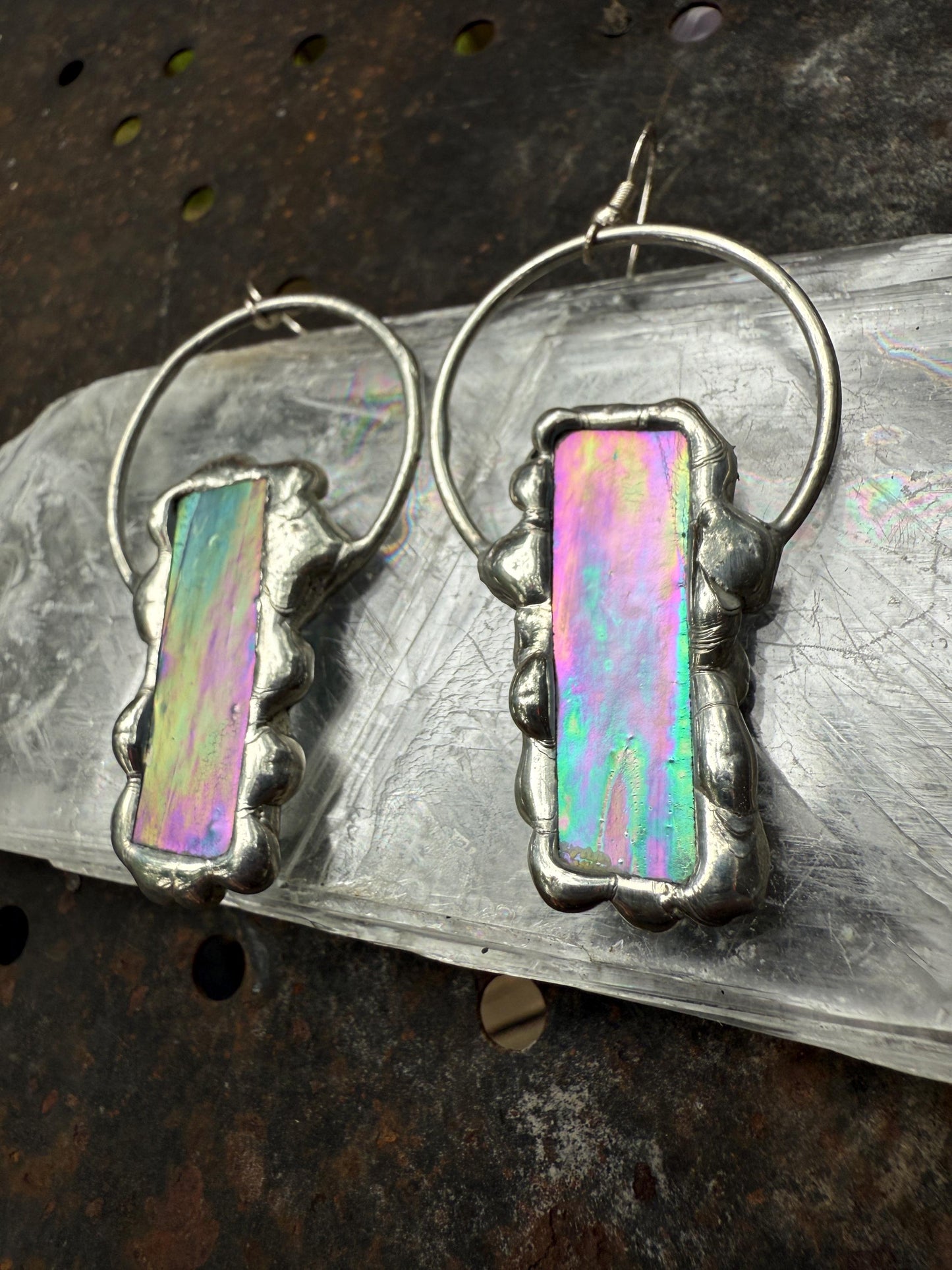 Stained Glass Earrings | Whimsical Handmade Iridescent Celestial Jewelry for Pastel Goth, Punk, Rave, Cosplay, Fantasy Fairy Freaks
