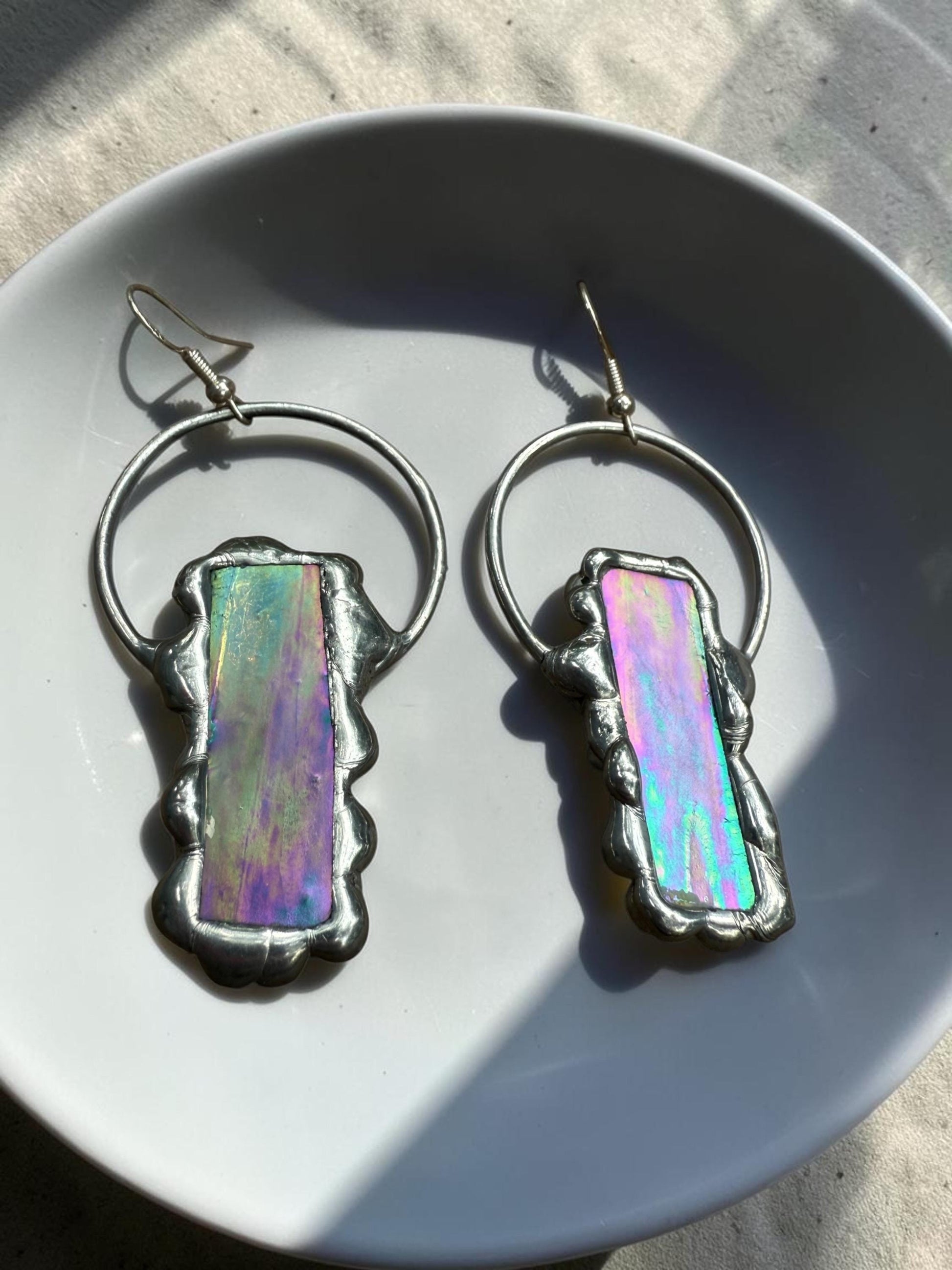 Stained Glass Earrings | Whimsical Handmade Iridescent Celestial Jewelry for Pastel Goth, Punk, Rave, Cosplay, Fantasy Fairy Freaks