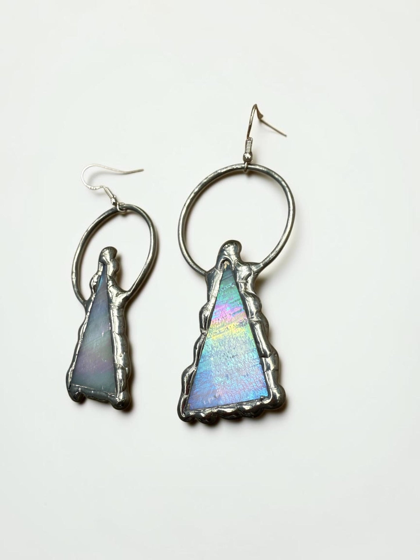 Triangle Stained Glass Earrings | Whimsical Handmade Iridescent Celestial Jewelry for Pastel Goth, Punk, Rave, Cosplay, Fantasy Fairy Freaks