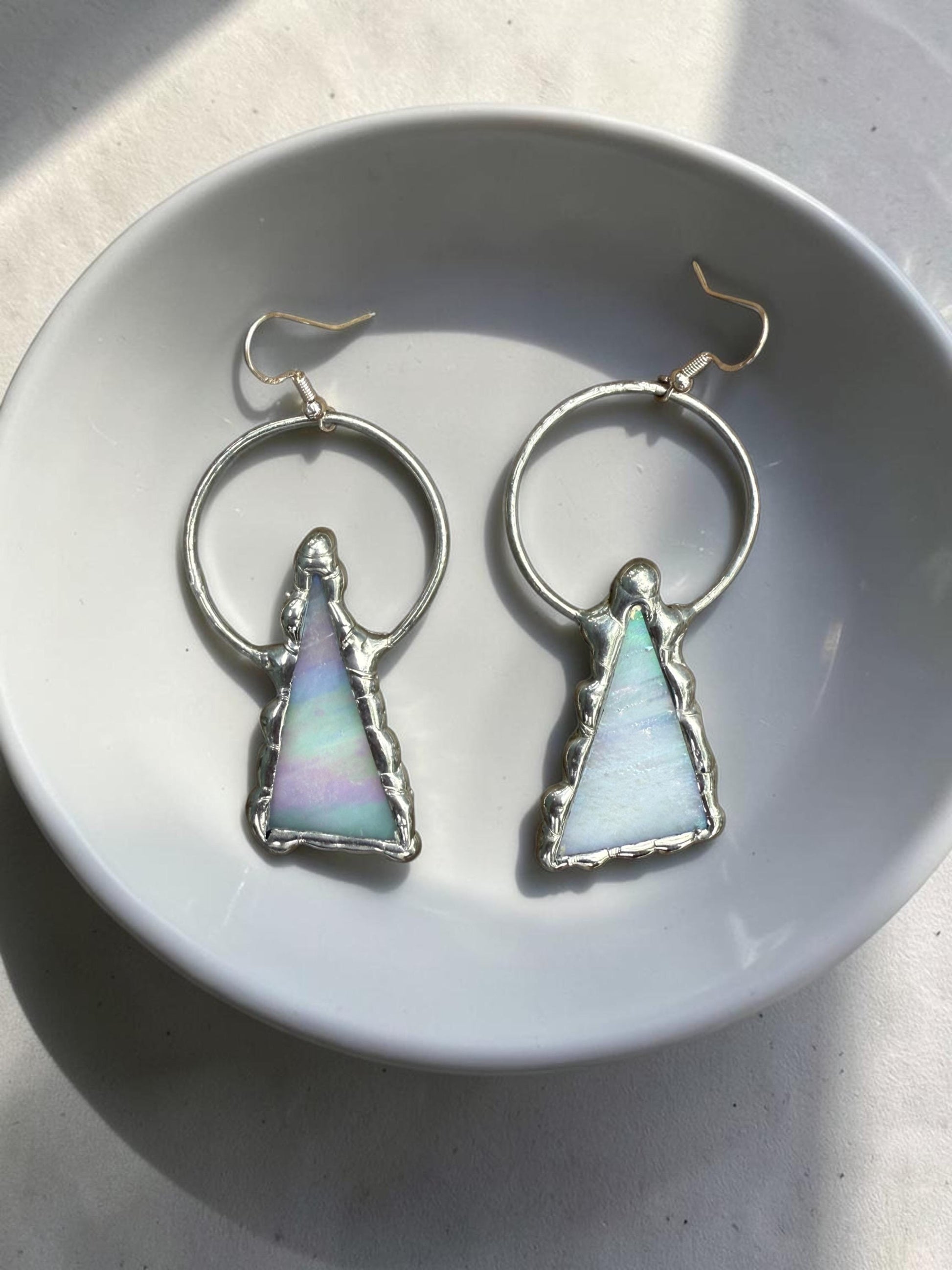 Triangle Stained Glass Earrings | Whimsical Handmade Iridescent Celestial Jewelry for Pastel Goth, Punk, Rave, Cosplay, Fantasy Fairy Freaks