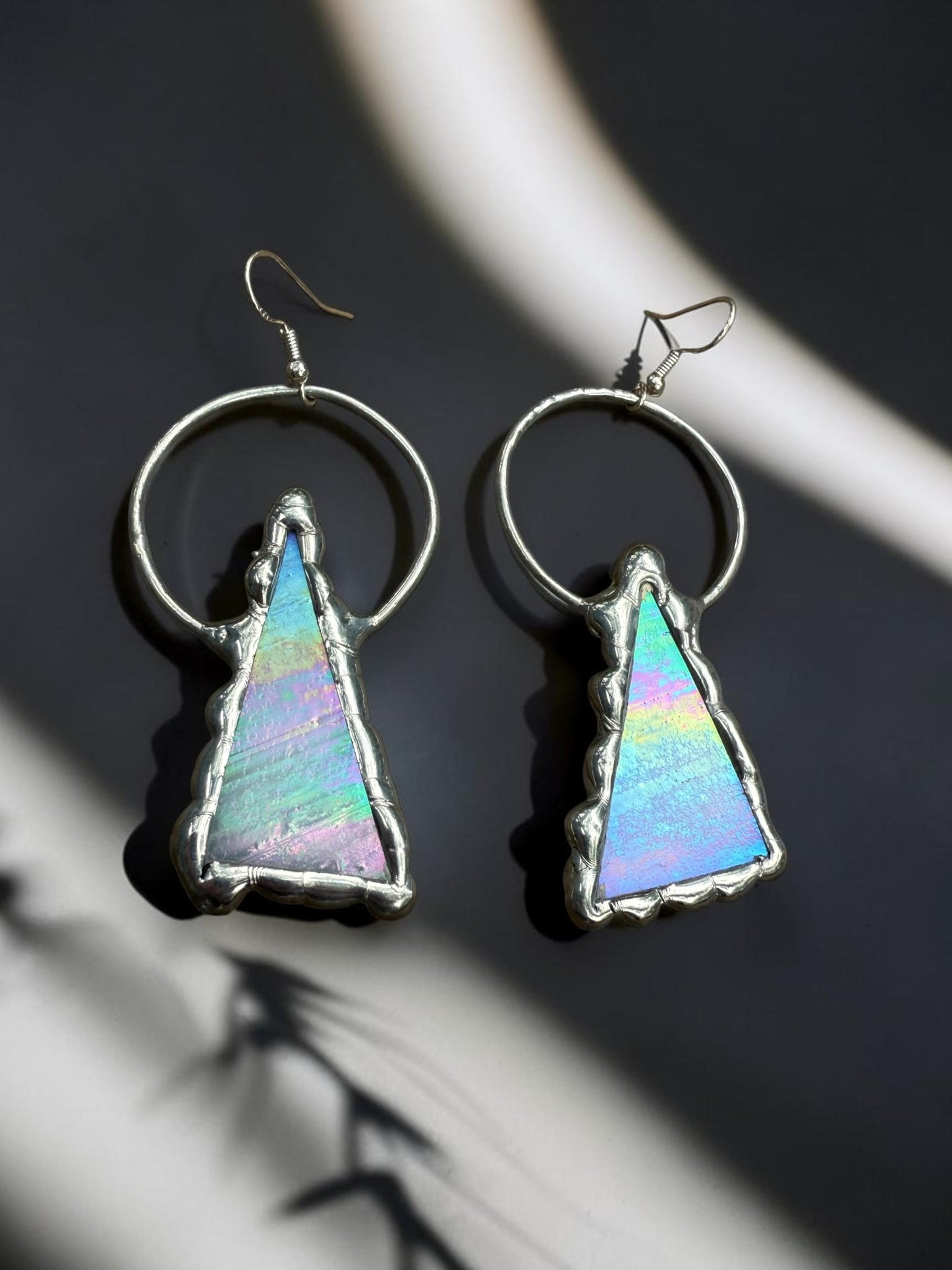 Triangle Stained Glass Earrings | Whimsical Handmade Iridescent Celestial Jewelry for Pastel Goth, Punk, Rave, Cosplay, Fantasy Fairy Freaks