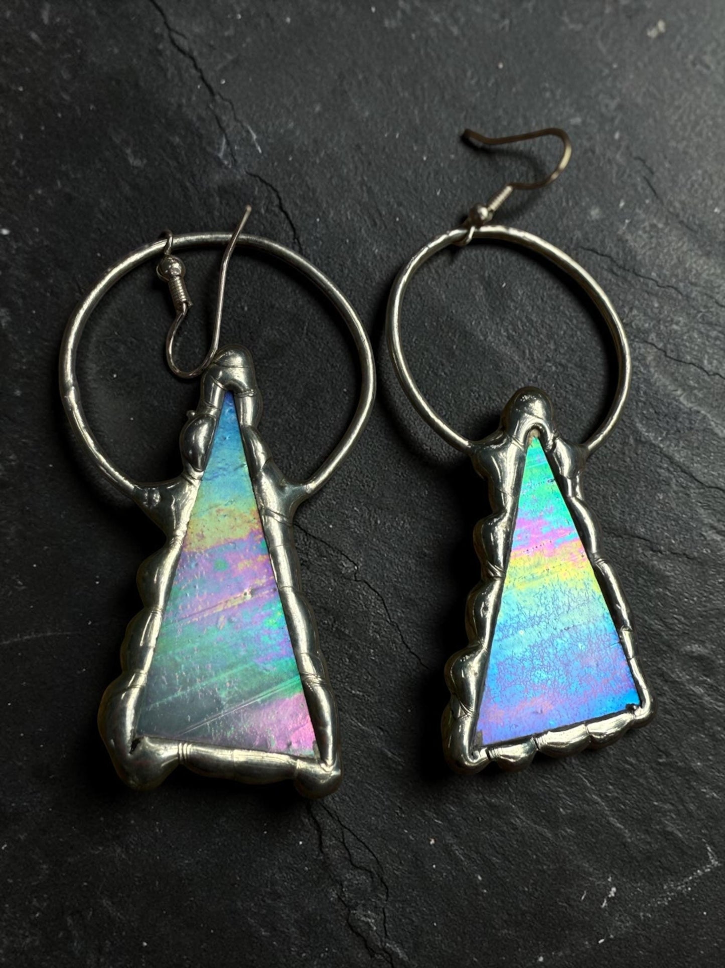 Triangle Stained Glass Earrings | Whimsical Handmade Iridescent Celestial Jewelry for Pastel Goth, Punk, Rave, Cosplay, Fantasy Fairy Freaks