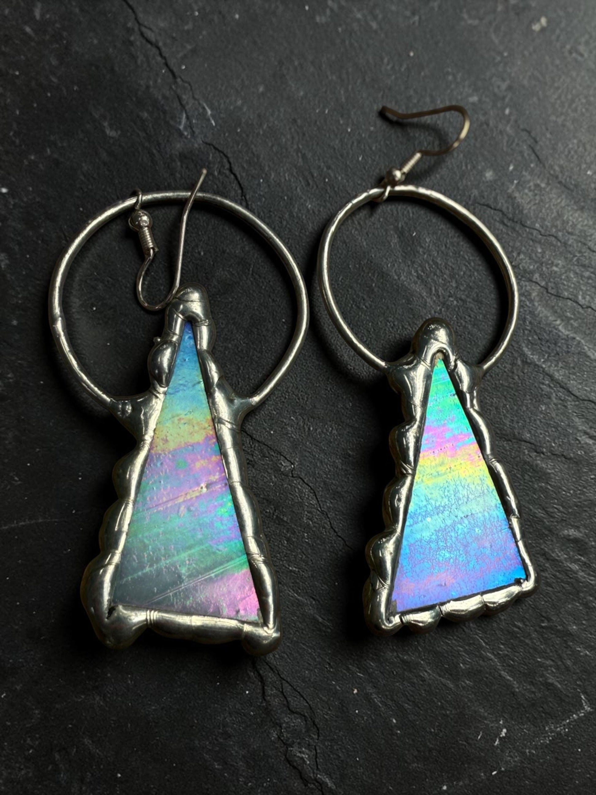 Triangle Stained Glass Earrings | Whimsical Handmade Iridescent Celestial Jewelry for Pastel Goth, Punk, Rave, Cosplay, Fantasy Fairy Freaks