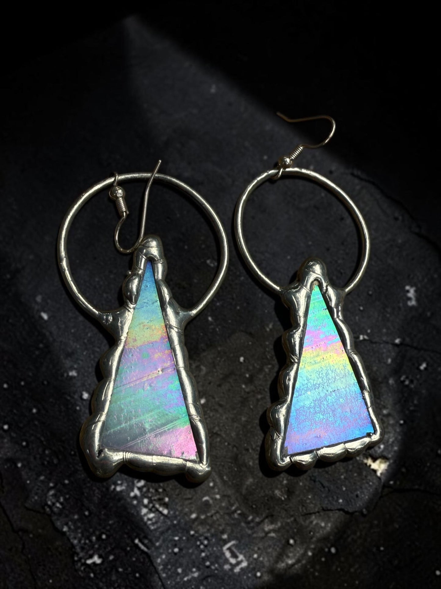Triangle Stained Glass Earrings | Whimsical Handmade Iridescent Celestial Jewelry for Pastel Goth, Punk, Rave, Cosplay, Fantasy Fairy Freaks