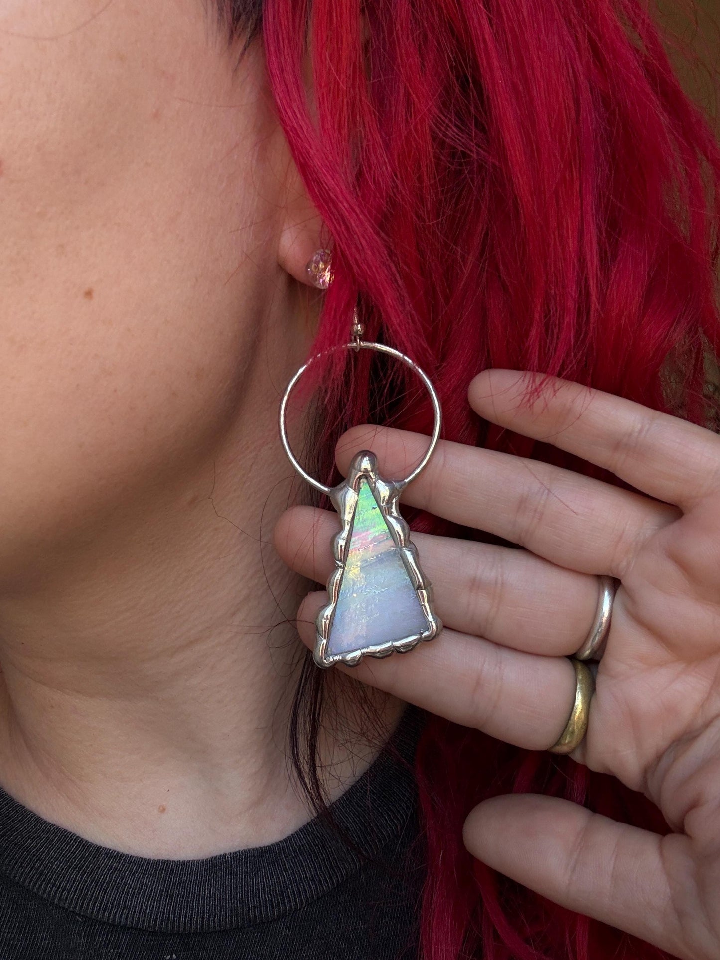 Triangle Stained Glass Earrings | Whimsical Handmade Iridescent Celestial Jewelry for Pastel Goth, Punk, Rave, Cosplay, Fantasy Fairy Freaks