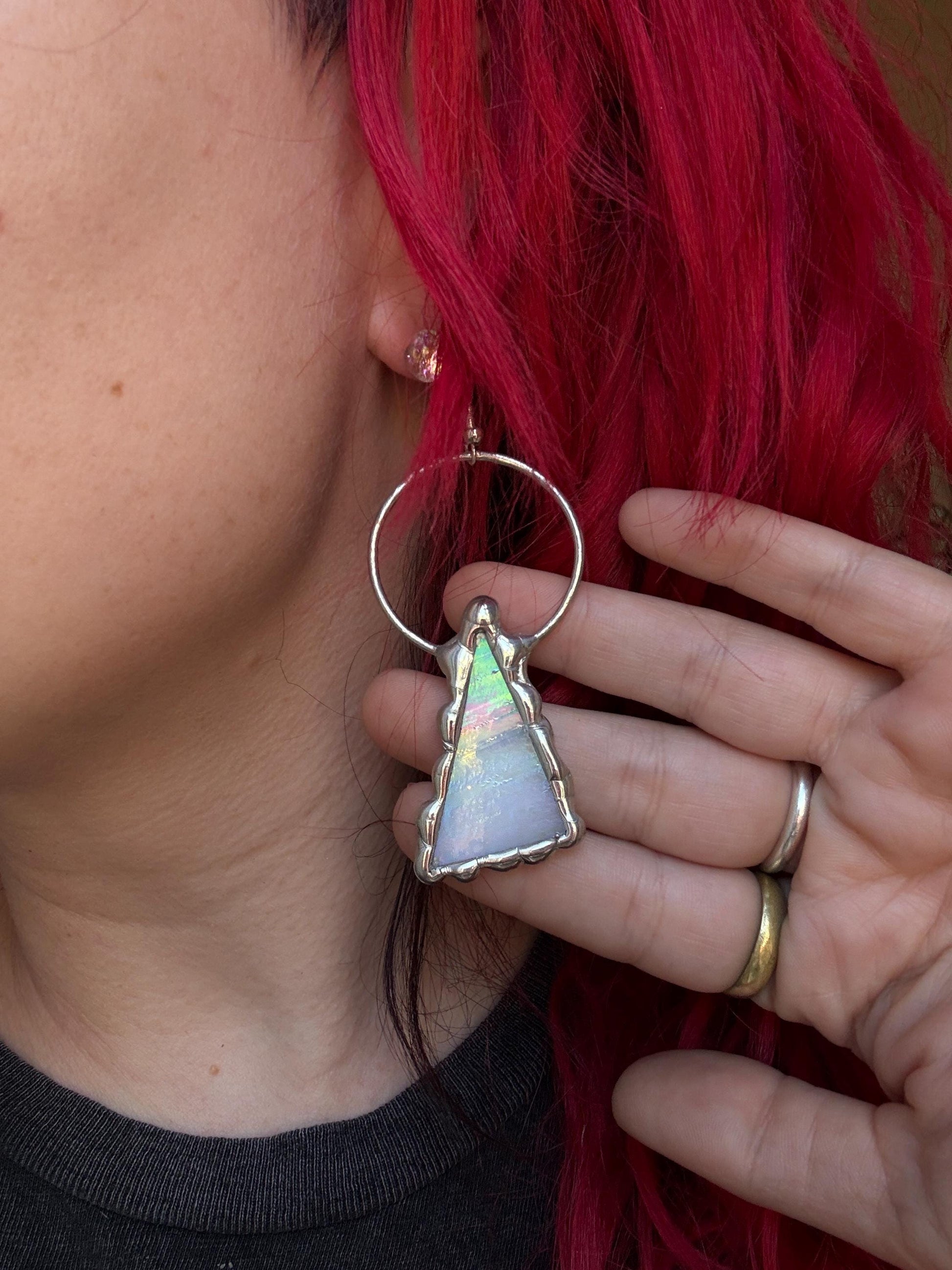 Triangle Stained Glass Earrings | Whimsical Handmade Iridescent Celestial Jewelry for Pastel Goth, Punk, Rave, Cosplay, Fantasy Fairy Freaks