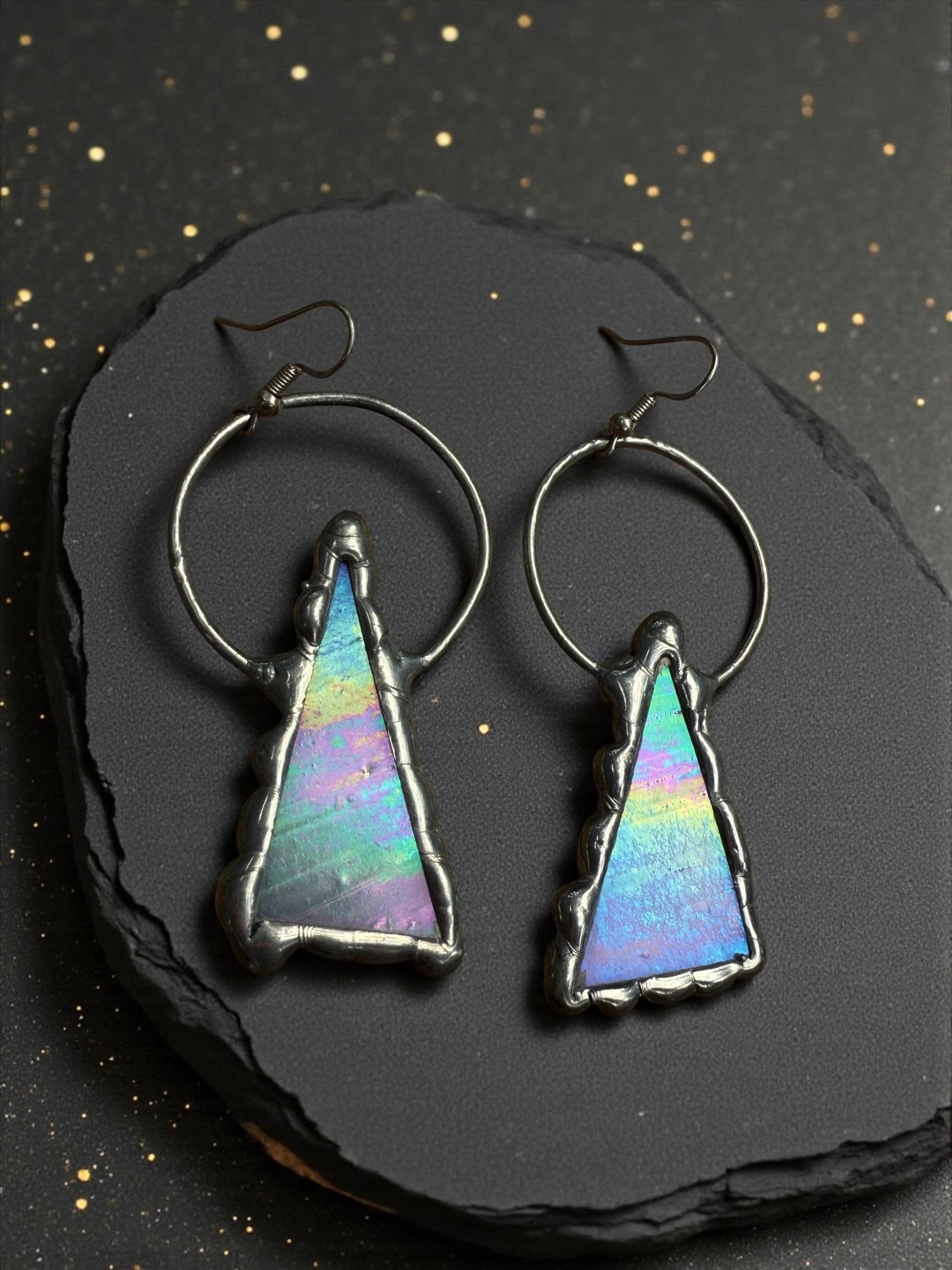 Triangle Stained Glass Earrings | Whimsical Handmade Iridescent Celestial Jewelry for Pastel Goth, Punk, Rave, Cosplay, Fantasy Fairy Freaks